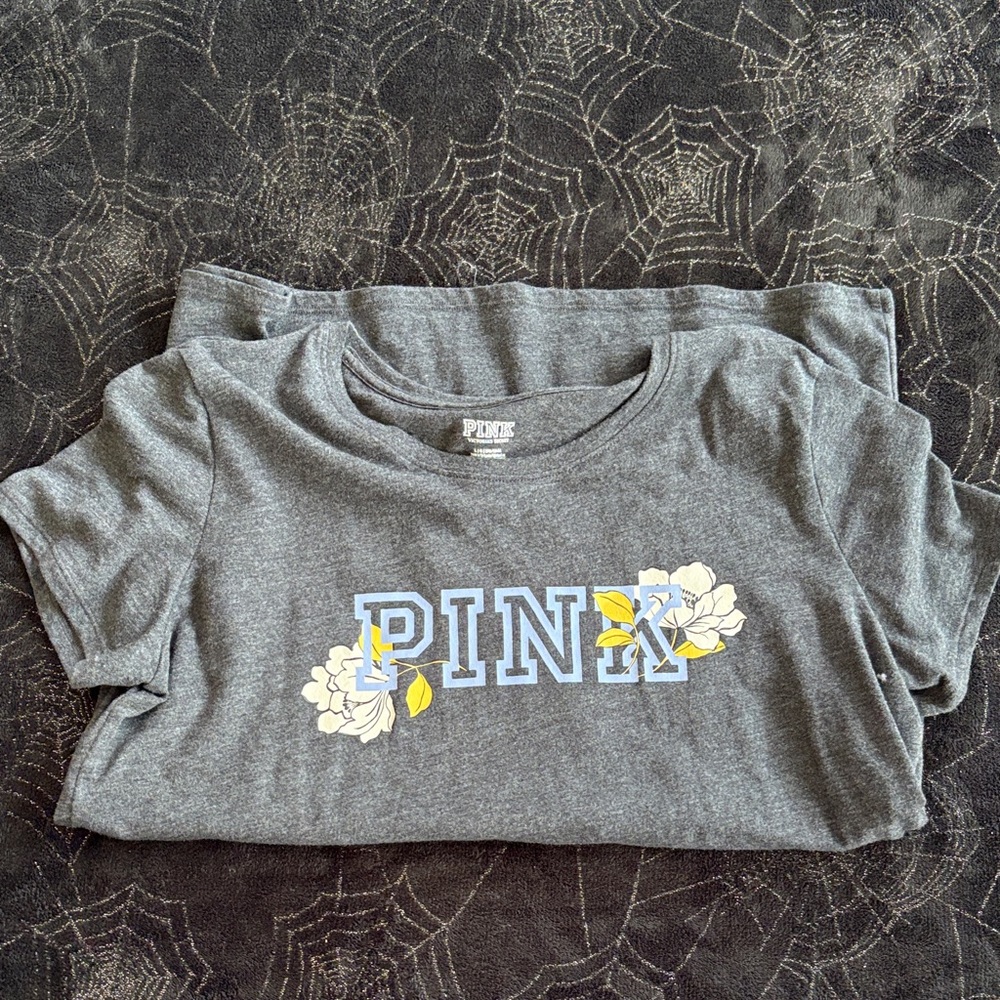 PINK Victoria's Secret Charcoal Tee with Floral Accents - Picture 5 of 7